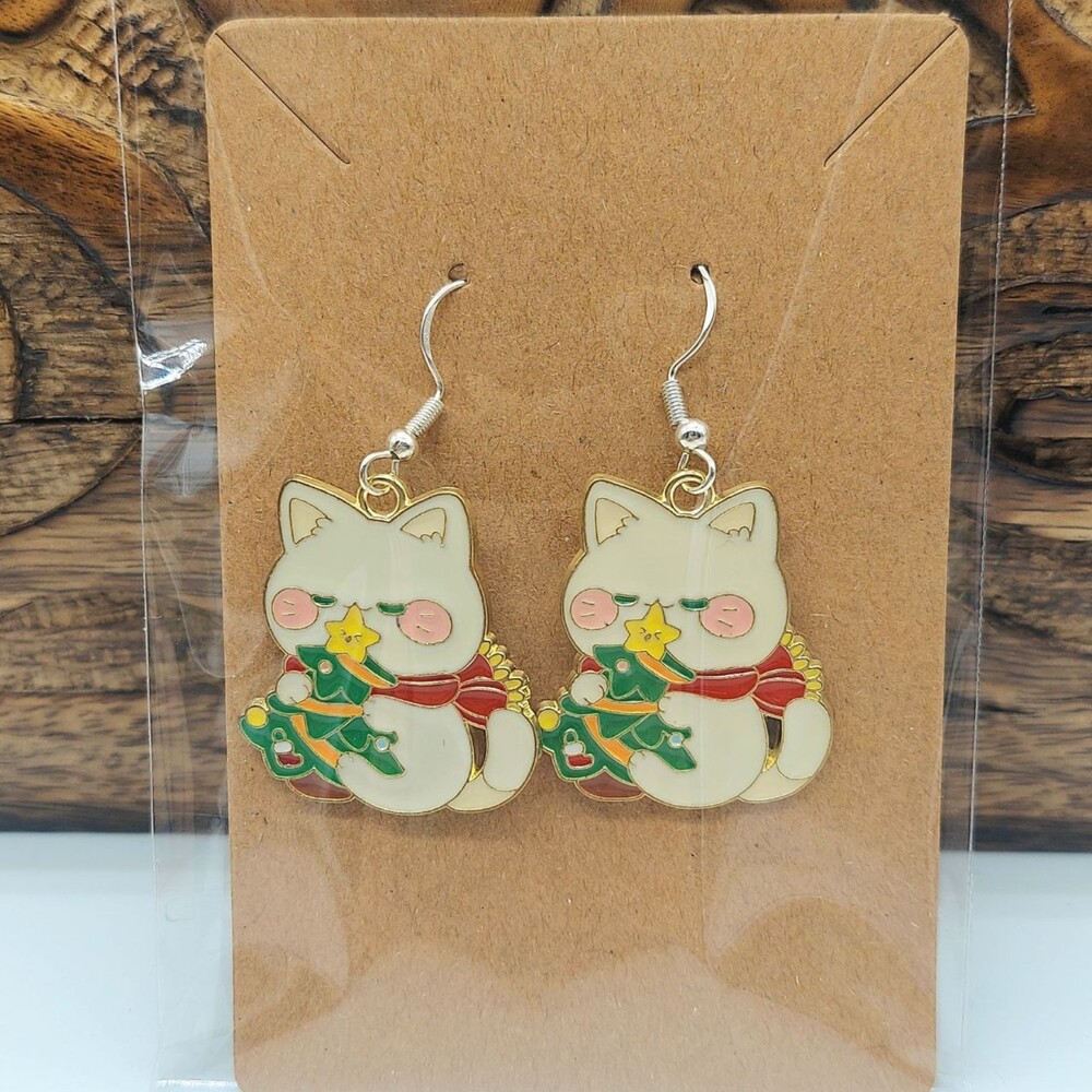 Cute Cat Earrings Christmas Earrings Hugging Christmas Tree